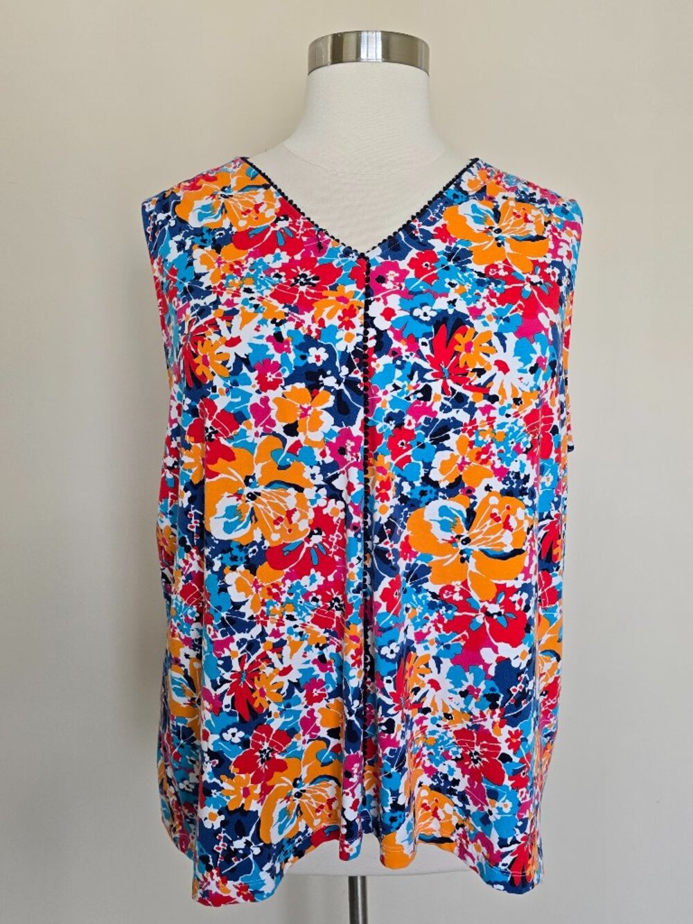Lands End Plus Size 3X Red Orange Blue Floral 24W-26W Sleeveless Front Pleat